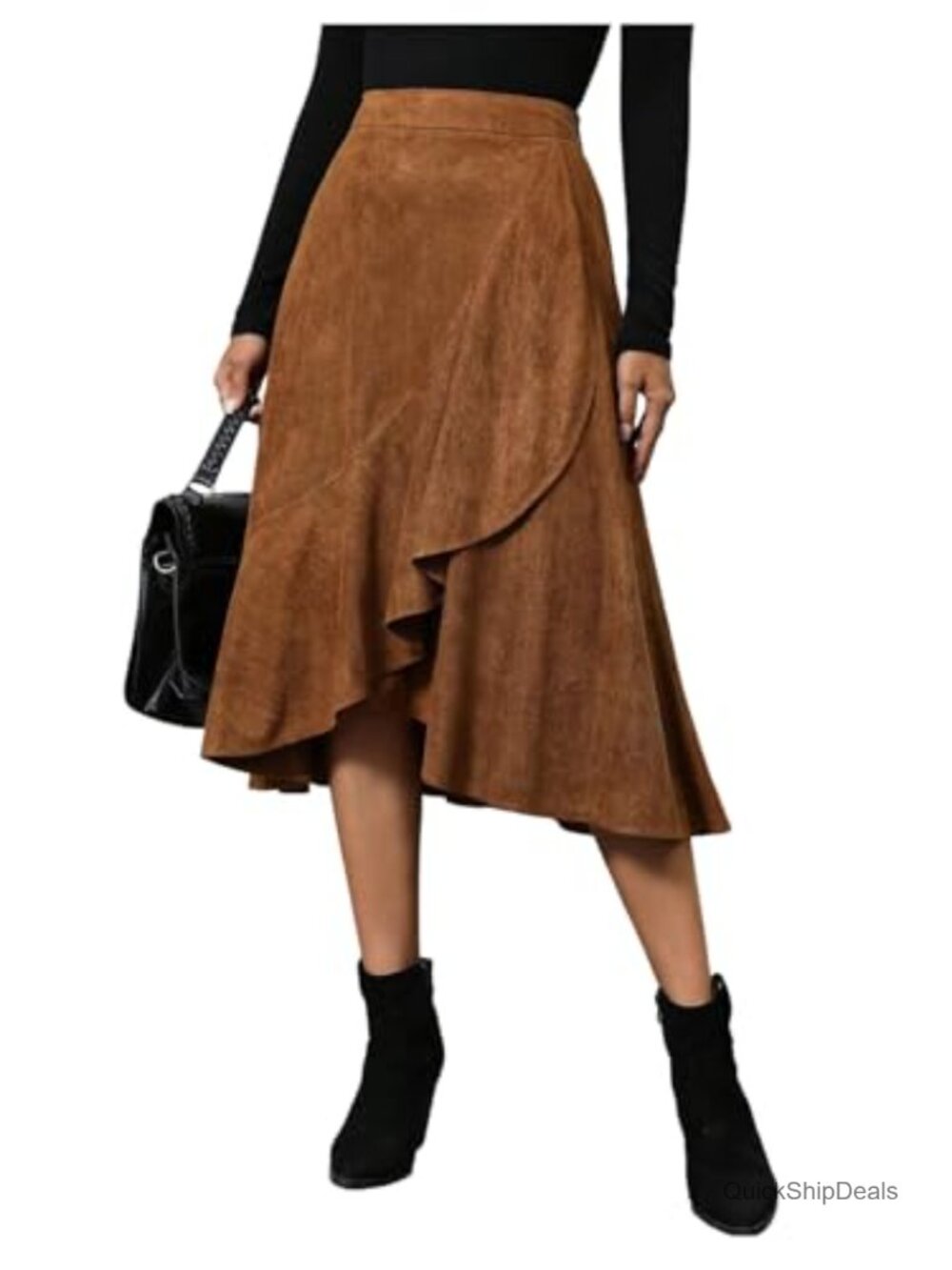 High Waisted Asymmetrical Ruffle Flowy Midi Skirt Business Casual